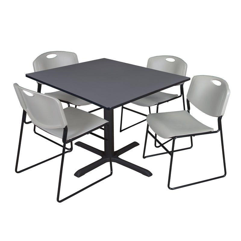Regency Cain Square Breakroom Table with X - Base and 4 Zeng Stack Chairs 48"W x 48"D x 29"H (REG - TB4848 - 44) - SchoolOutlet