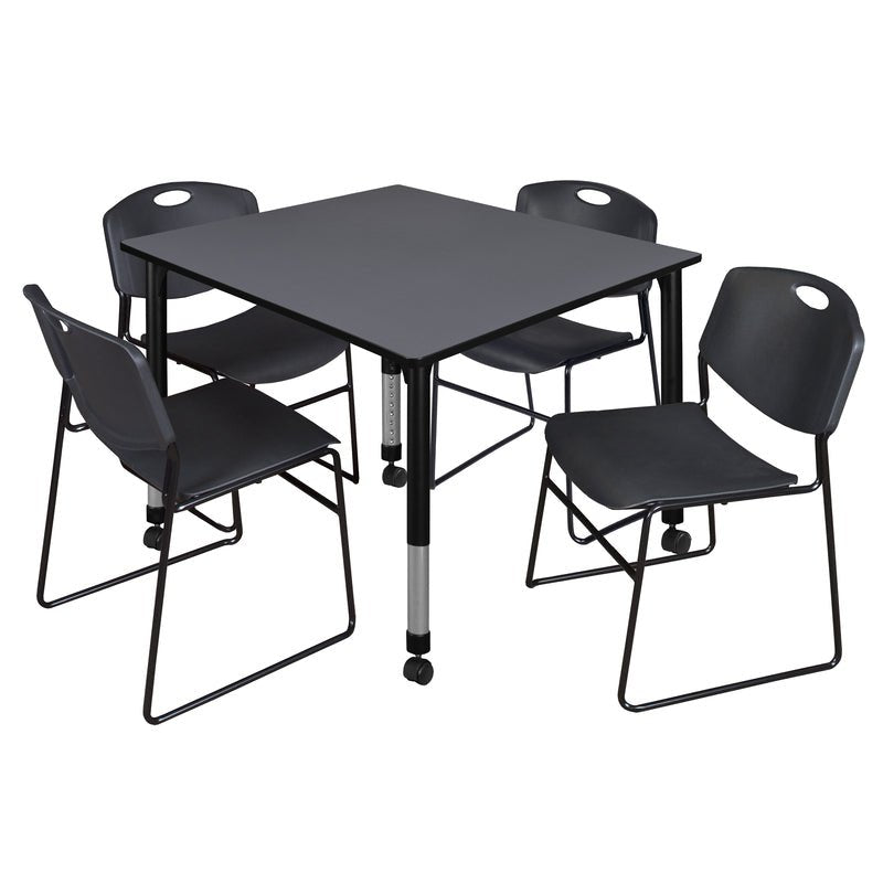 Regency Kee Square Mobile Adjustable Classroom Table and 4 Black Zeng Stack Chairs 48"W x 48"D x 23" - 34"H (REG - TB4848 - 44) - SchoolOutlet