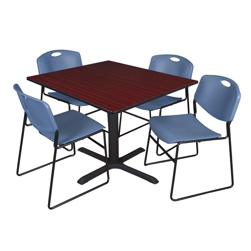 Regency Cain Square Breakroom Table with X - Base and 4 Zeng Stack Chairs 48"W x 48"D x 29"H (REG - TB4848 - 44) - SchoolOutlet