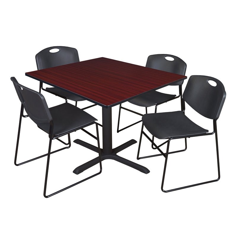 Regency Cain Square Breakroom Table with X - Base and 4 Zeng Stack Chairs 48"W x 48"D x 29"H (REG - TB4848 - 44) - SchoolOutlet