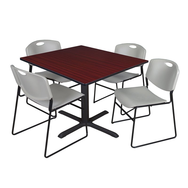 Regency Cain Square Breakroom Table with X - Base and 4 Zeng Stack Chairs 48"W x 48"D x 29"H (REG - TB4848 - 44) - SchoolOutlet