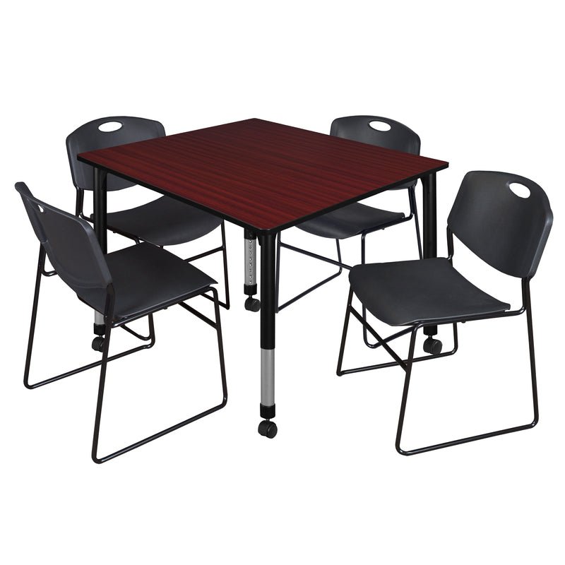 Regency Kee Square Mobile Adjustable Classroom Table and 4 Black Zeng Stack Chairs 48"W x 48"D x 23" - 34"H (REG - TB4848 - 44) - SchoolOutlet