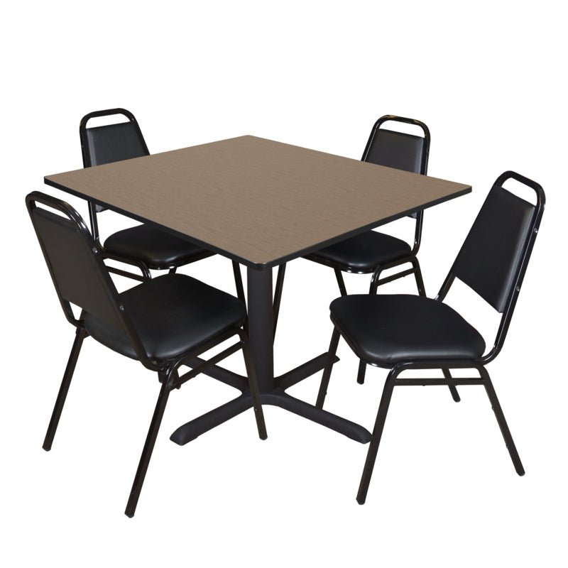 Regency Cain Square Breakroom Table with X - Base and 4 Black Restaurant Stack Chairs 48"W x 48"D x 29"H (REG - TB4848 - 29) - SchoolOutlet