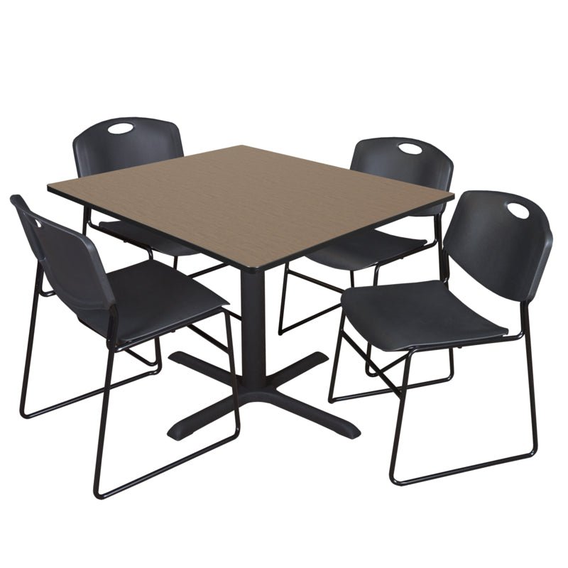 Regency Cain Square Breakroom Table with X - Base and 4 Zeng Stack Chairs 48"W x 48"D x 29"H (REG - TB4848 - 44) - SchoolOutlet