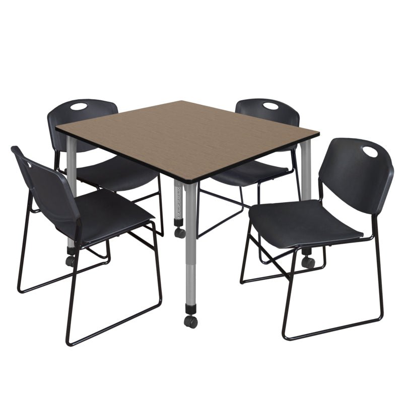 Regency Kee Square Mobile Adjustable Classroom Table and 4 Black Zeng Stack Chairs 48"W x 48"D x 23" - 34"H (REG - TB4848 - 44) - SchoolOutlet