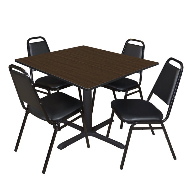 Regency Cain Square Breakroom Table with X - Base and 4 Black Restaurant Stack Chairs 48"W x 48"D x 29"H (REG - TB4848 - 29) - SchoolOutlet
