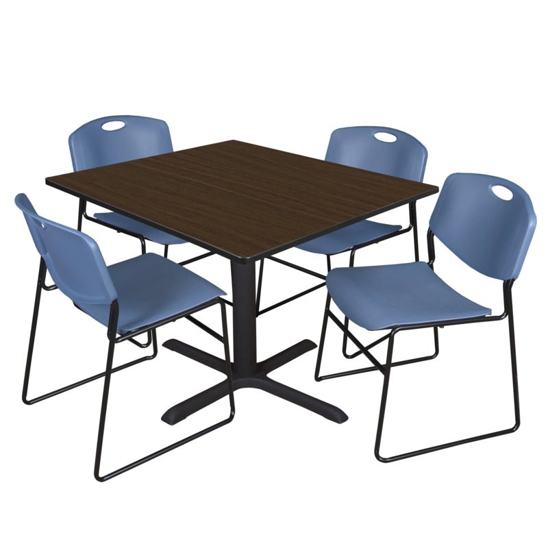 Regency Cain Square Breakroom Table with X - Base and 4 Zeng Stack Chairs 48"W x 48"D x 29"H (REG - TB4848 - 44) - SchoolOutlet