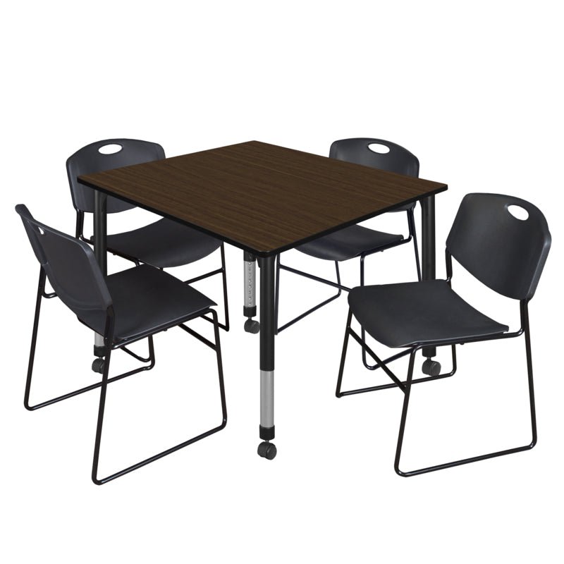 Regency Kee Square Mobile Adjustable Classroom Table and 4 Black Zeng Stack Chairs 48"W x 48"D x 23" - 34"H (REG - TB4848 - 44) - SchoolOutlet