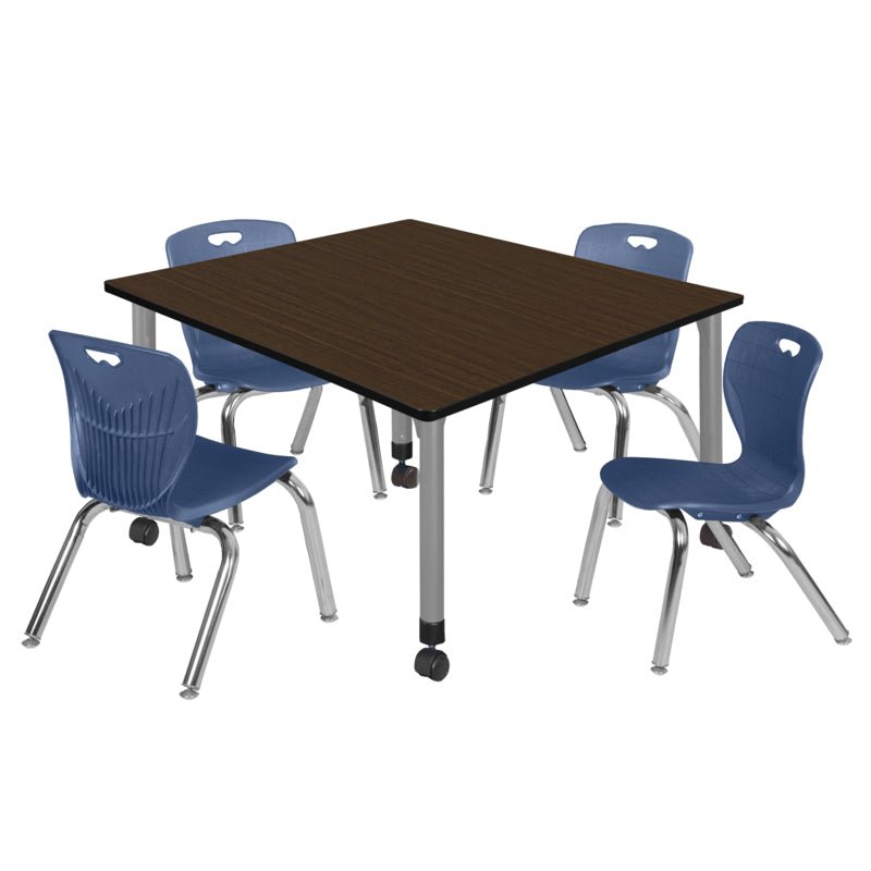 Regency Kee Square Mobile Adjustable Classroom Table and 4 Andy Stack Chairs 48"W x 48"D x 23" - 34"H (REG - TB4848 - 45) - SchoolOutlet