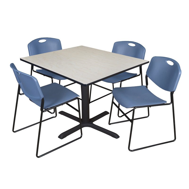 Regency Cain Square Breakroom Table with X - Base and 4 Zeng Stack Chairs 48"W x 48"D x 29"H (REG - TB4848 - 44) - SchoolOutlet