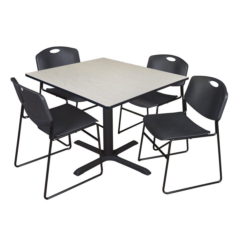 Regency Cain Square Breakroom Table with X - Base and 4 Zeng Stack Chairs 48"W x 48"D x 29"H (REG - TB4848 - 44) - SchoolOutlet