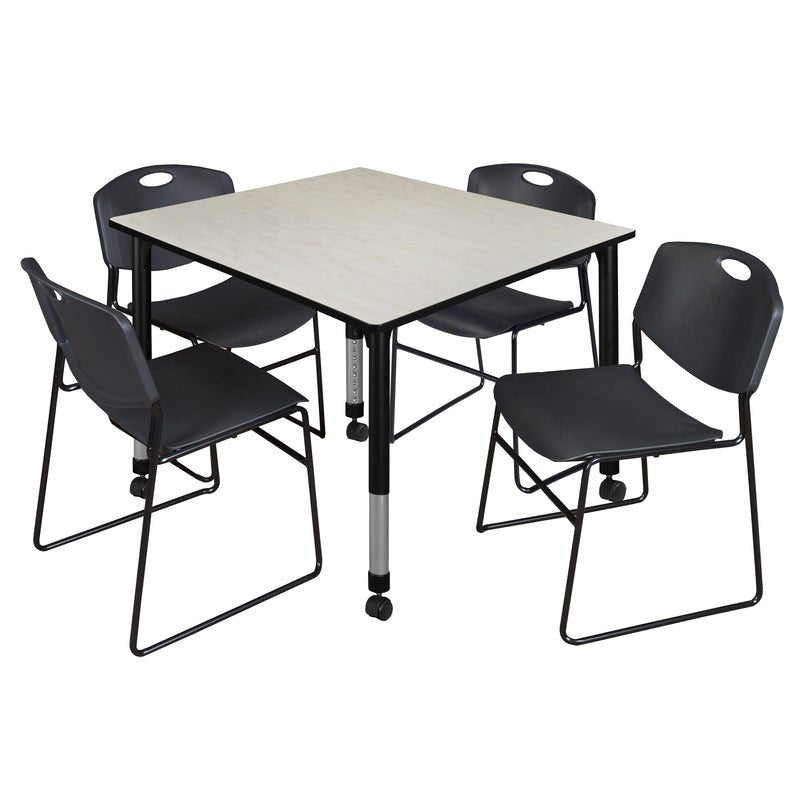 Regency Kee Square Mobile Adjustable Classroom Table and 4 Black Zeng Stack Chairs 48"W x 48"D x 23" - 34"H (REG - TB4848 - 44) - SchoolOutlet