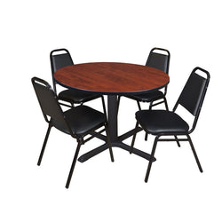 Regency Cain Durable Round X-Base Breakroom Table with 4 Black Restaurant Stack Chairs 48" W x 48" D x 29" H (REG-TB48R-29)