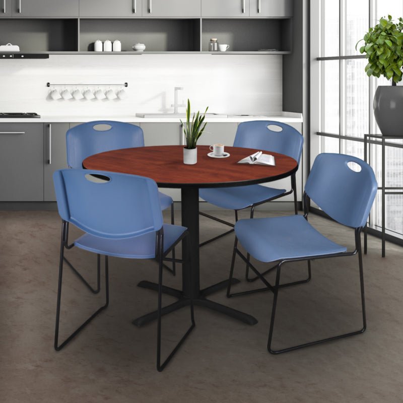 Regency Cain Collaborative Round X - Base Breakroom Table with 4 Zeng Stack Chairs 48" W x 48" D x 29" H (REG - TB48R - 44) - SchoolOutlet