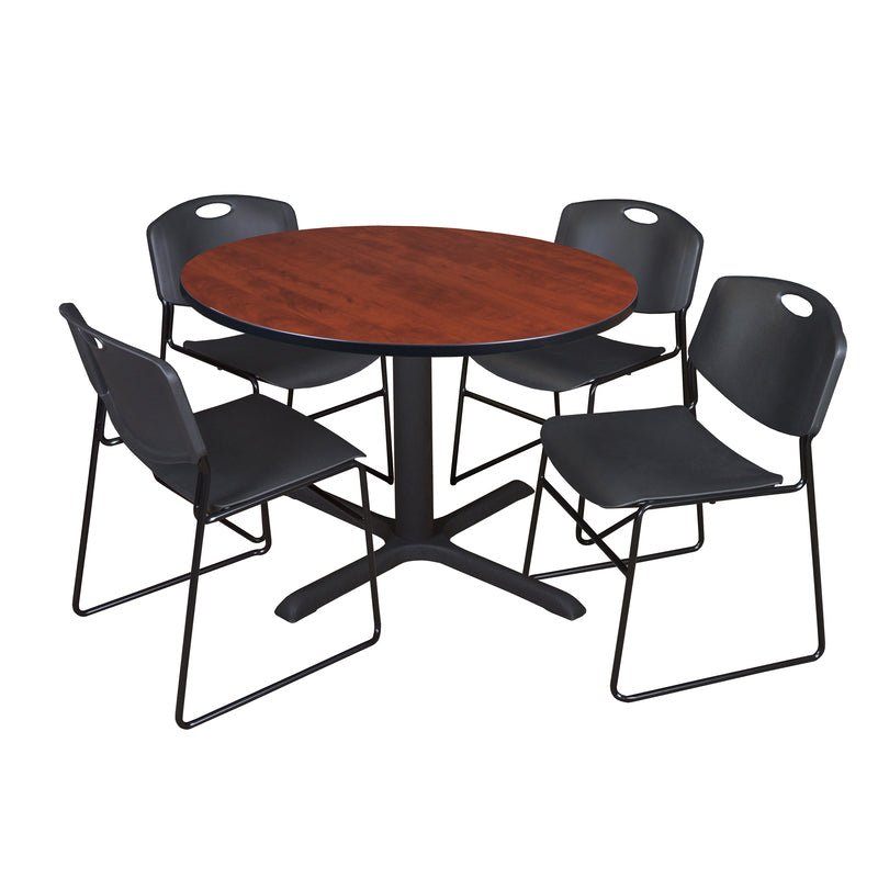 Regency Cain Collaborative Round X - Base Breakroom Table with 4 Zeng Stack Chairs 48" W x 48" D x 29" H (REG - TB48R - 44) - SchoolOutlet