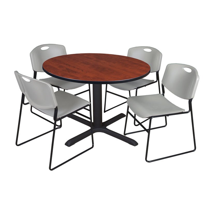 Regency Cain Collaborative Round X - Base Breakroom Table with 4 Zeng Stack Chairs 48" W x 48" D x 29" H (REG - TB48R - 44) - SchoolOutlet