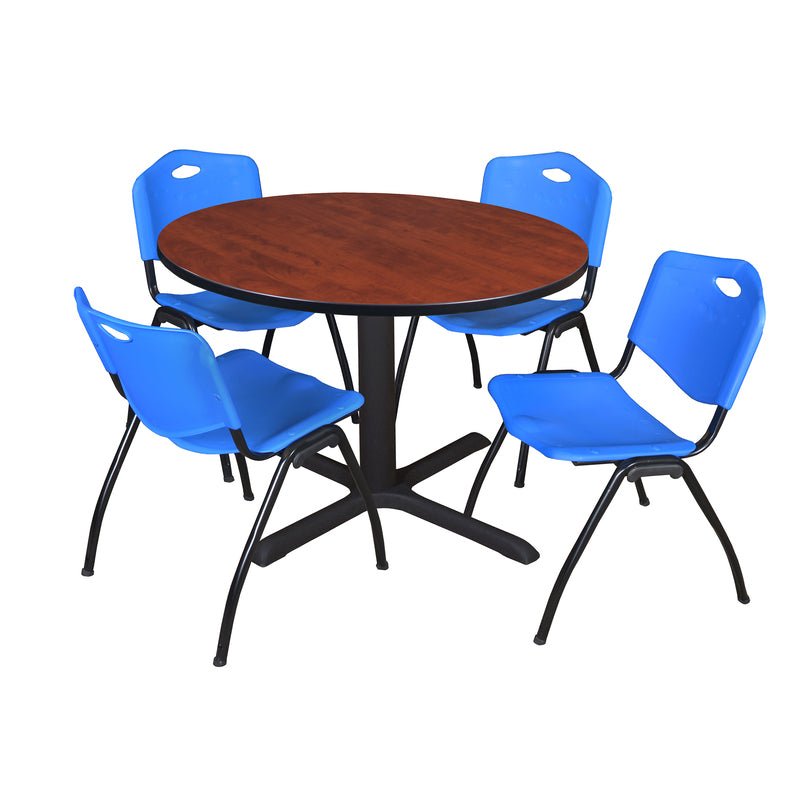 Regency Cain Versatile Round X - Base Breakroom Table with 4 M Stack Chairs 48" W x 48" D x 29" H (REG - TB48R - 47) - SchoolOutlet