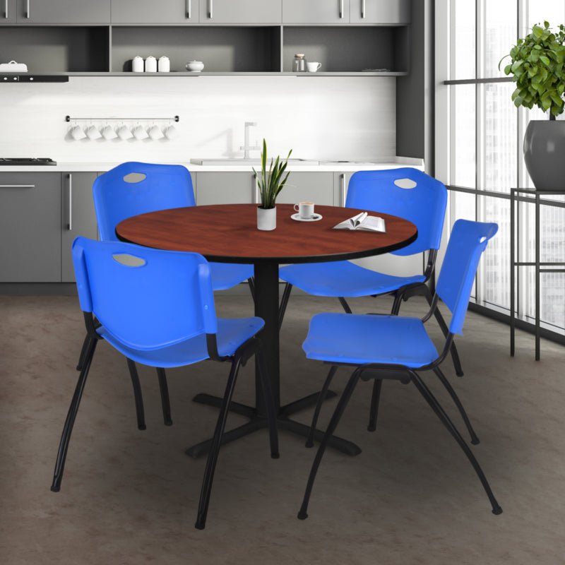 Regency Cain Versatile Round X - Base Breakroom Table with 4 M Stack Chairs 48" W x 48" D x 29" H (REG - TB48R - 47) - SchoolOutlet