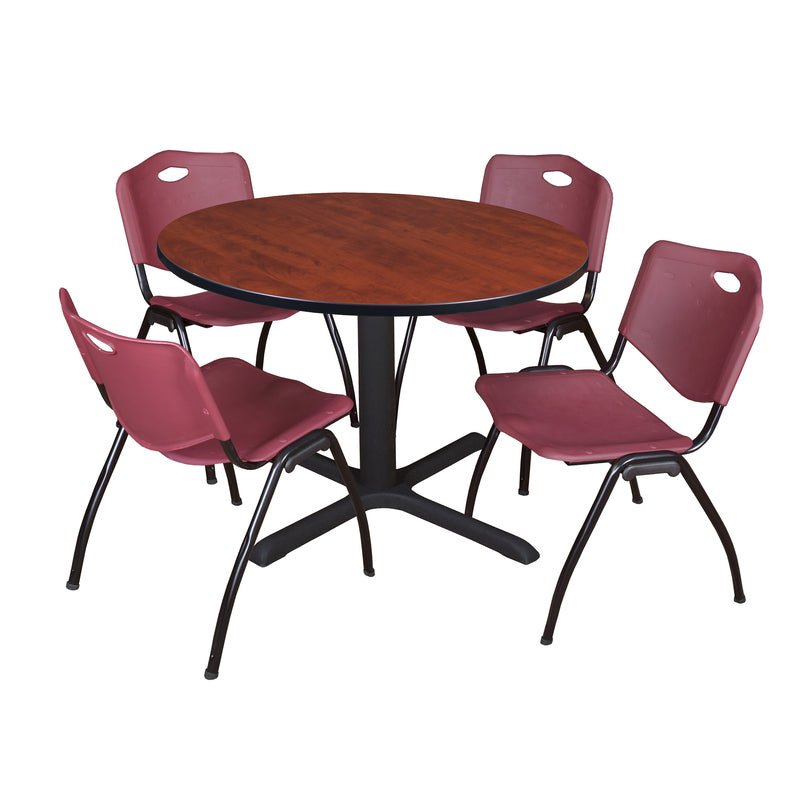 Regency Cain Versatile Round X - Base Breakroom Table with 4 M Stack Chairs 48" W x 48" D x 29" H (REG - TB48R - 47) - SchoolOutlet
