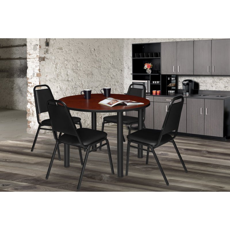 Regency Kee Circular Breakroom Table with 4 Black Restaurant Stack Chairs 48" W x 48" D x 29" H (REG - TB48R - 29) - SchoolOutlet