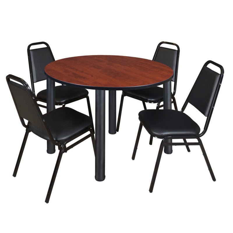 Regency Kee Circular Breakroom Table with 4 Black Restaurant Stack Chairs 48" W x 48" D x 29" H (REG - TB48R - 29) - SchoolOutlet