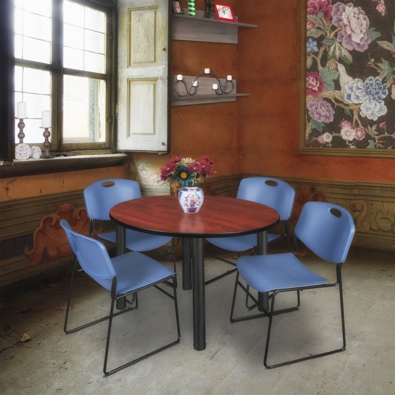 Regency Kee Functional Round Breakroom Table with 4 Zeng Stack Chairs 48" W x 48" D x 29" H (REG - TB48R - 44) - SchoolOutlet