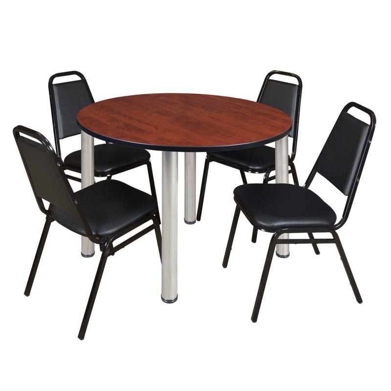 Regency Kee Circular Breakroom Table with 4 Black Restaurant Stack Chairs 48" W x 48" D x 29" H (REG - TB48R - 29) - SchoolOutlet