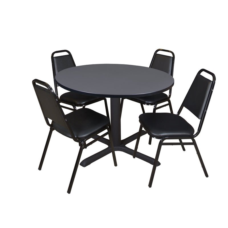 Regency Cain Durable Round X - Base Breakroom Table with 4 Black Restaurant Stack Chairs 48" W x 48" D x 29" H (REG - TB48R - 29) - SchoolOutlet