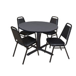 Regency Cain Durable Round X - Base Breakroom Table with 4 Black Restaurant Stack Chairs 48