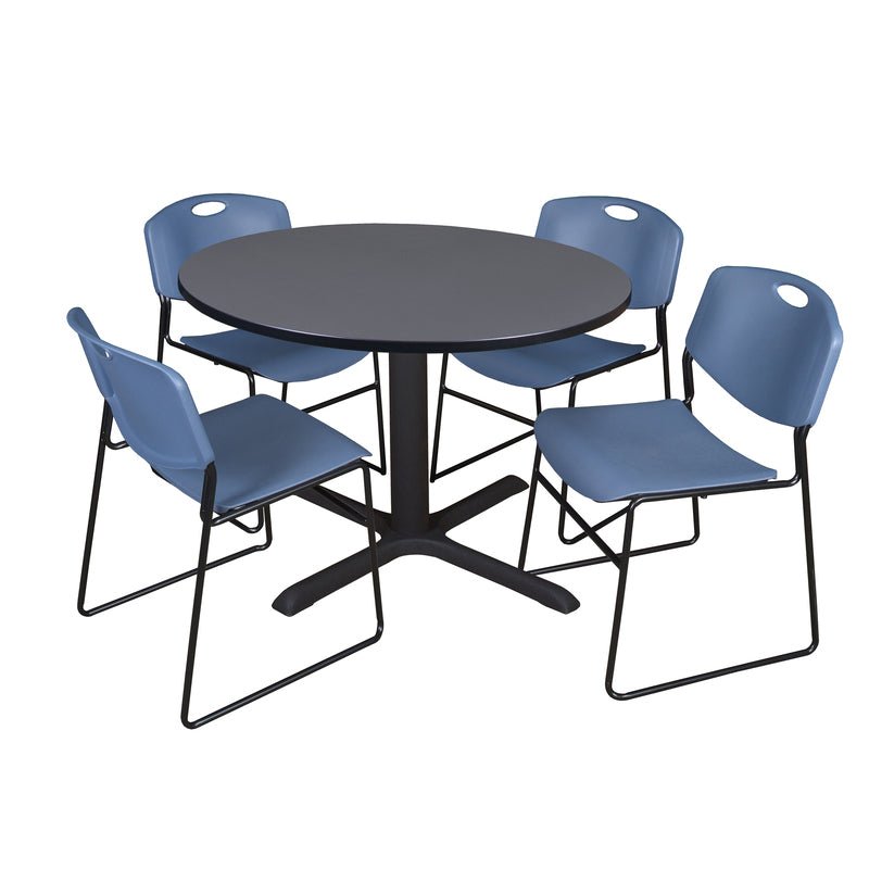 Regency Cain Collaborative Round X - Base Breakroom Table with 4 Zeng Stack Chairs 48" W x 48" D x 29" H (REG - TB48R - 44) - SchoolOutlet