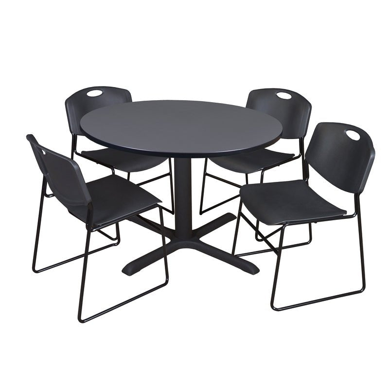 Regency Cain Collaborative Round X - Base Breakroom Table with 4 Zeng Stack Chairs 48" W x 48" D x 29" H (REG - TB48R - 44) - SchoolOutlet