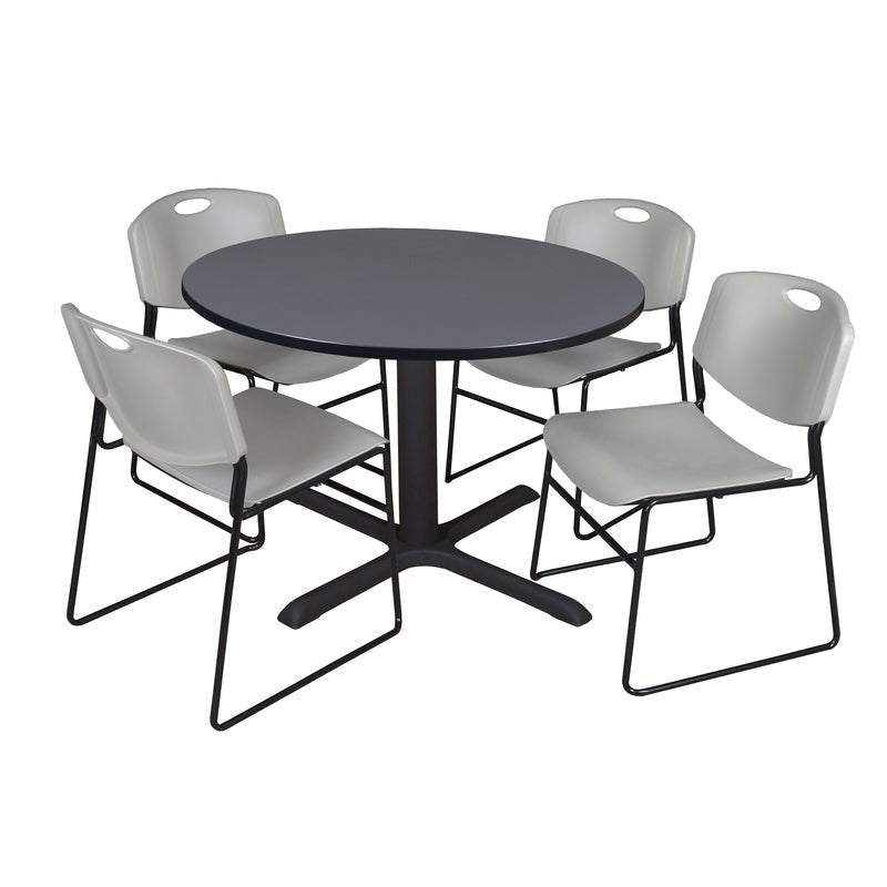 Regency Cain Collaborative Round X - Base Breakroom Table with 4 Zeng Stack Chairs 48" W x 48" D x 29" H (REG - TB48R - 44) - SchoolOutlet