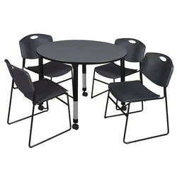 Regency Kee Mobile Round Adjustable Classroom Table with 4 Black Zeng Stack Chairs 48" W x 48" D x 23"-34"H (REG-TB48RC-44)