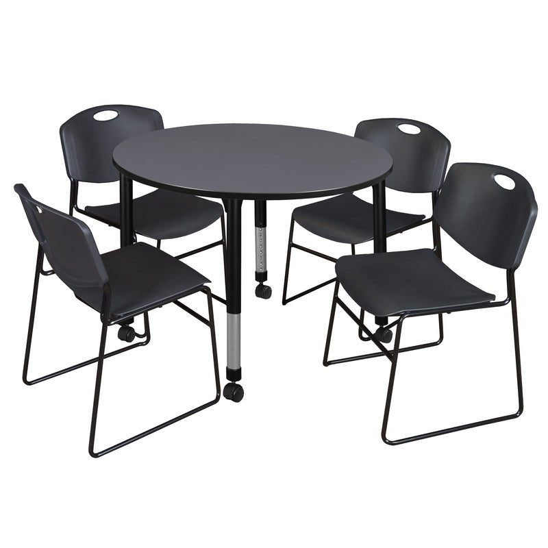 Regency Kee Mobile Round Adjustable Classroom Table with 4 Black Zeng Stack Chairs 48" W x 48" D x 23" - 34"H (REG - TB48RC - 44) - SchoolOutlet