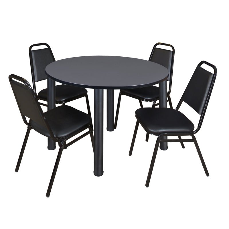 Regency Kee Circular Breakroom Table with 4 Black Restaurant Stack Chairs 48" W x 48" D x 29" H (REG - TB48R - 29) - SchoolOutlet