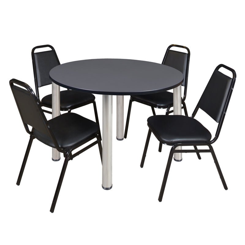 Regency Kee Circular Breakroom Table with 4 Black Restaurant Stack Chairs 48" W x 48" D x 29" H (REG - TB48R - 29) - SchoolOutlet