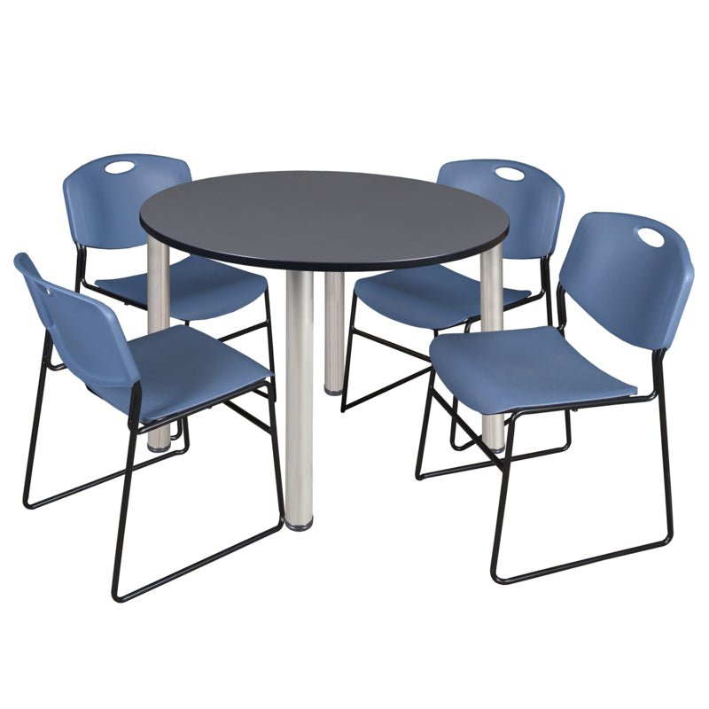 Regency Kee Functional Round Breakroom Table with 4 Zeng Stack Chairs 48" W x 48" D x 29" H (REG - TB48R - 44) - SchoolOutlet
