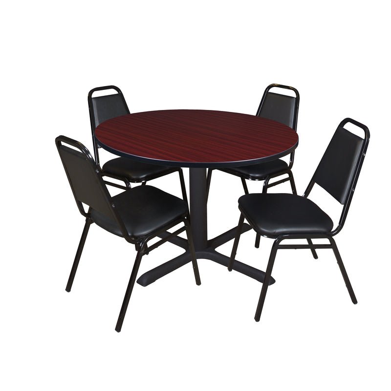 Regency Cain Durable Round X - Base Breakroom Table with 4 Black Restaurant Stack Chairs 48" W x 48" D x 29" H (REG - TB48R - 29) - SchoolOutlet