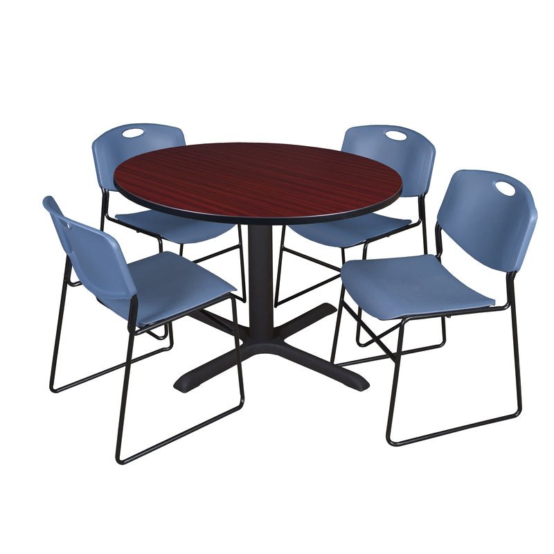 Regency Cain Collaborative Round X - Base Breakroom Table with 4 Zeng Stack Chairs 48" W x 48" D x 29" H (REG - TB48R - 44) - SchoolOutlet