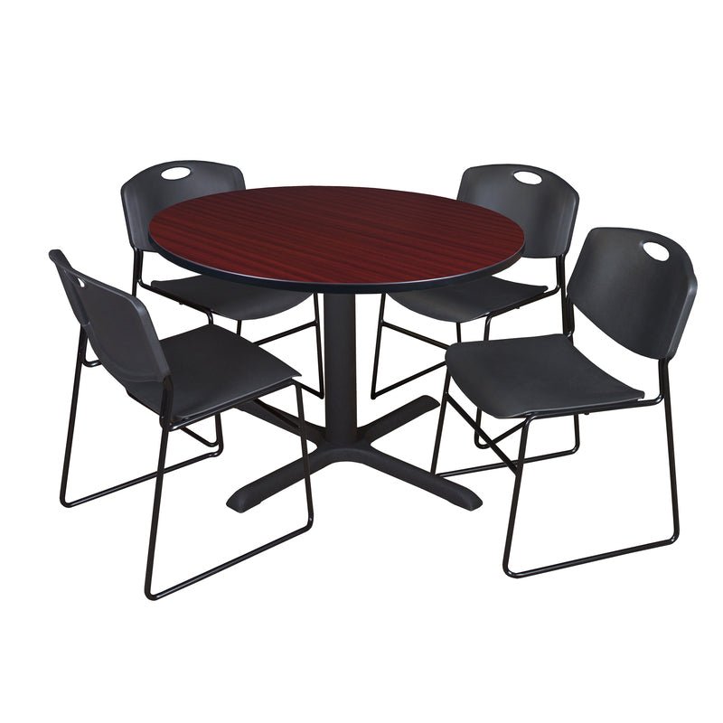 Regency Cain Collaborative Round X - Base Breakroom Table with 4 Zeng Stack Chairs 48" W x 48" D x 29" H (REG - TB48R - 44) - SchoolOutlet