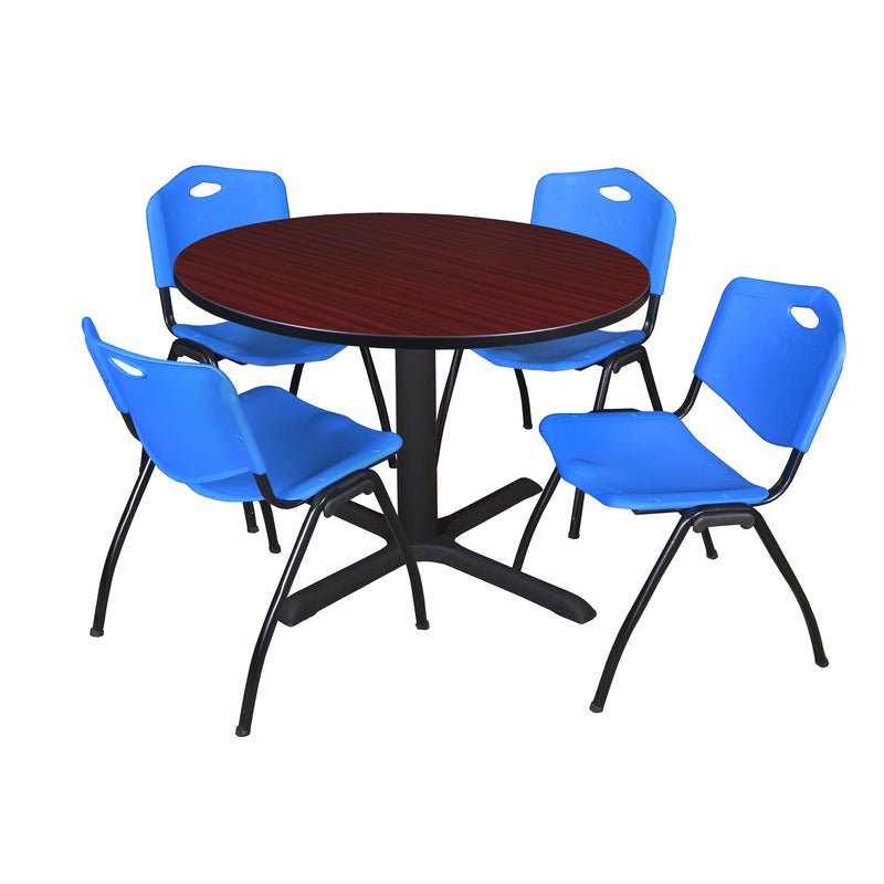 Regency Cain Versatile Round X - Base Breakroom Table with 4 M Stack Chairs 48" W x 48" D x 29" H (REG - TB48R - 47) - SchoolOutlet