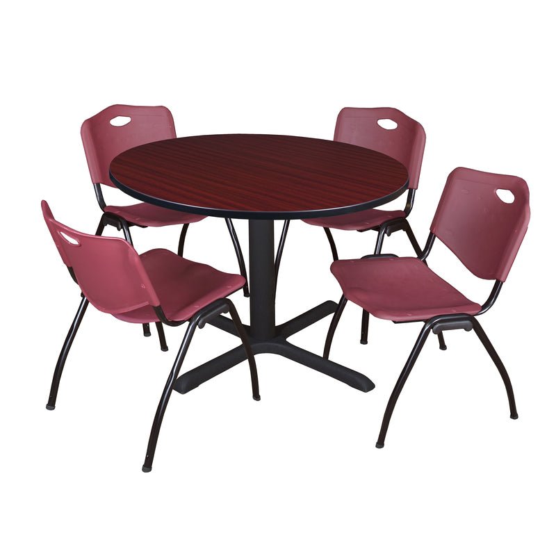 Regency Cain Versatile Round X - Base Breakroom Table with 4 M Stack Chairs 48" W x 48" D x 29" H (REG - TB48R - 47) - SchoolOutlet
