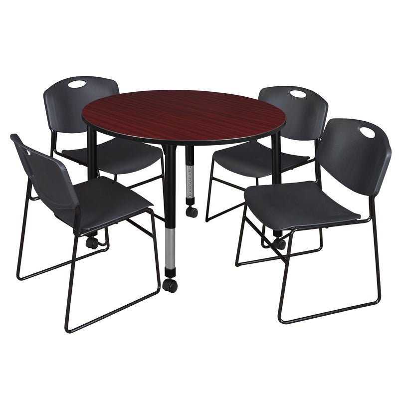 Regency Kee Mobile Round Adjustable Classroom Table with 4 Black Zeng Stack Chairs 48" W x 48" D x 23" - 34"H (REG - TB48RC - 44) - SchoolOutlet