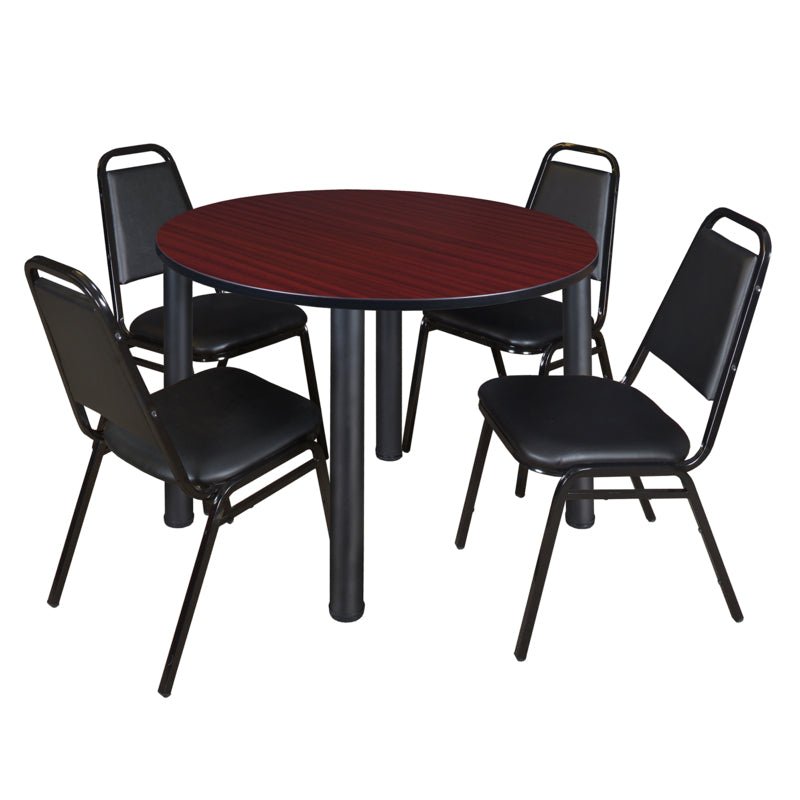 Regency Kee Circular Breakroom Table with 4 Black Restaurant Stack Chairs 48" W x 48" D x 29" H (REG - TB48R - 29) - SchoolOutlet