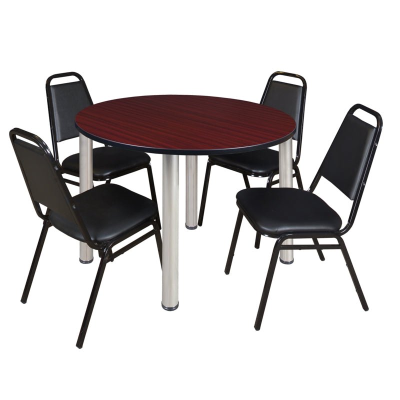 Regency Kee Circular Breakroom Table with 4 Black Restaurant Stack Chairs 48" W x 48" D x 29" H (REG - TB48R - 29) - SchoolOutlet