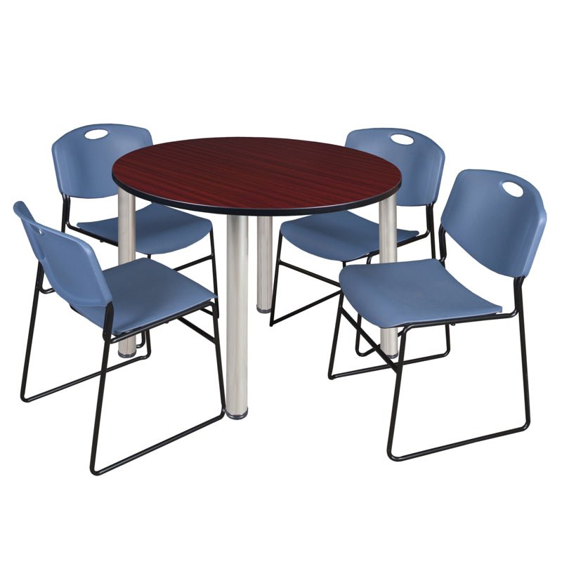 Regency Kee Functional Round Breakroom Table with 4 Zeng Stack Chairs 48" W x 48" D x 29" H (REG - TB48R - 44) - SchoolOutlet