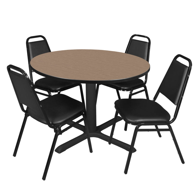 Regency Cain Durable Round X - Base Breakroom Table with 4 Black Restaurant Stack Chairs 48" W x 48" D x 29" H (REG - TB48R - 29) - SchoolOutlet
