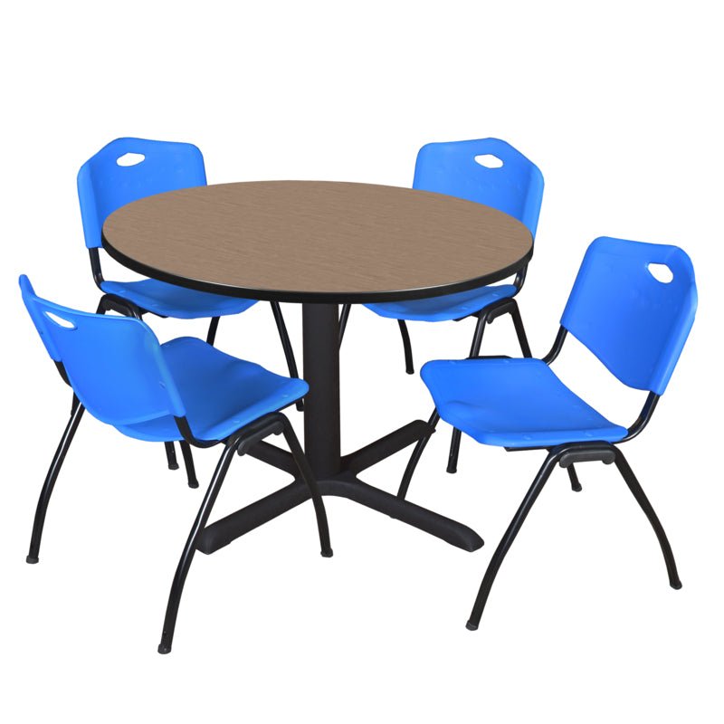 Regency Cain Versatile Round X - Base Breakroom Table with 4 M Stack Chairs 48" W x 48" D x 29" H (REG - TB48R - 47) - SchoolOutlet