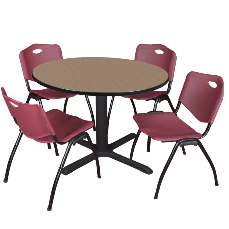 Regency Cain Versatile Round X - Base Breakroom Table with 4 M Stack Chairs 48" W x 48" D x 29" H (REG - TB48R - 47) - SchoolOutlet