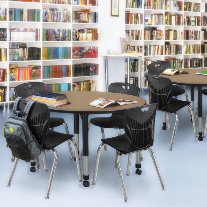 Regency Kee Mobile Round Height Adjustable Classroom Table with 4 Andy Stack Chairs 48" W x 48" D x 23" - 34"H (TB48RNDNOAPCBK40BK) - SchoolOutlet